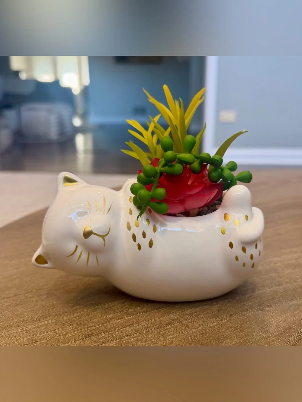 Small Ceramic Cat Planter with Gold Accents